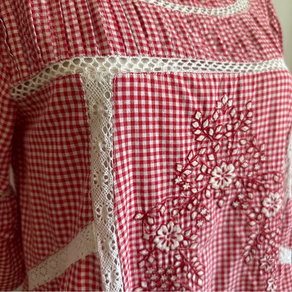 Free People Sunny Day Embroidered Red Gingham Shift Dress with Short Sleeves - Picture 6 of 11